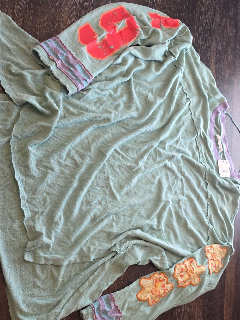 We The Free Sage Green Long Sleeve Top with Orange Floral Appliqués